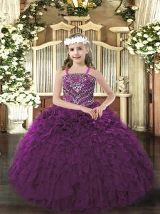 Latest Dark Purple Straps Neckline Beading and Ruffles Little Girls Pageant Dress Sleeveless Lace Up