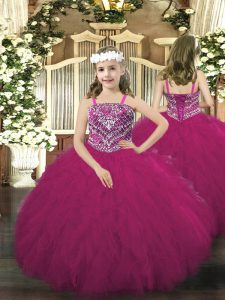 Gorgeous Fuchsia Sleeveless Beading and Ruffles Floor Length Kids Pageant Dress