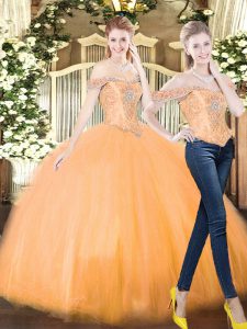 Off The Shoulder Sleeveless Quinceanera Dress Floor Length Beading and Ruffles Orange Red Organza