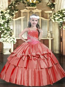 Coral Red Ball Gowns Organza Straps Sleeveless Beading and Ruffled Layers Floor Length Lace Up Pageant Gowns