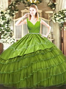 Cute Olive Green Ball Gowns Satin and Organza V-neck Sleeveless Embroidery and Ruffled Layers Floor Length Zipper Quinceanera Gowns