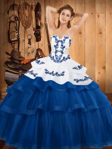 Glamorous Blue Strapless Neckline Embroidery and Ruffled Layers Vestidos de Quinceanera Sleeveless Lace Up