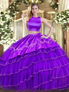 Floor Length Criss Cross 15th Birthday Dress Purple for Military Ball and Sweet 16 and Quinceanera with Embroidery and Ruffled Layers