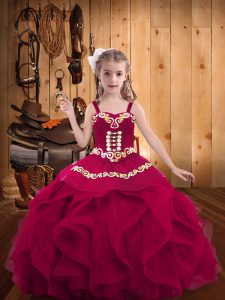 Inexpensive Fuchsia Organza Lace Up Little Girl Pageant Dress Sleeveless Floor Length Embroidery and Ruffles