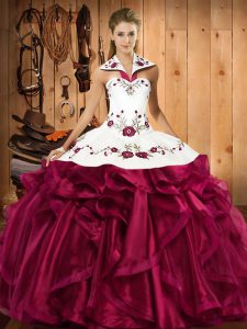 Custom Made Sleeveless Floor Length Embroidery and Ruffles Lace Up 15 Quinceanera Dress with Fuchsia