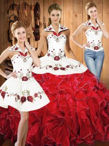 White And Red Three Pieces Embroidery and Ruffles Sweet 16 Dresses Lace Up Satin and Organza Sleeveless Floor Length