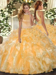 Deluxe Floor Length Gold Quinceanera Dress Organza Sleeveless Beading and Ruffles