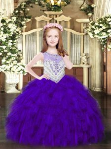 Sleeveless Floor Length Beading and Ruffles Zipper Little Girl Pageant Gowns with Purple