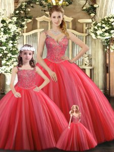 Ball Gowns Sweet 16 Quinceanera Dress Coral Red Straps Tulle Sleeveless Floor Length Lace Up