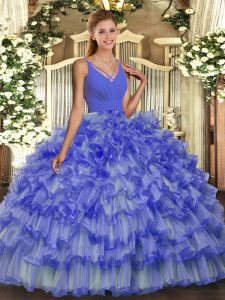 High Class Ball Gowns Quinceanera Dresses Blue V-neck Organza Sleeveless Floor Length Backless