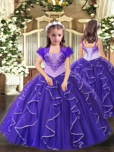 Purple Sleeveless Floor Length Beading and Ruffles Lace Up Little Girls Pageant Dress Wholesale