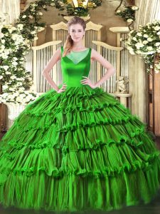 Green Organza Side Zipper Scoop Sleeveless Floor Length Quinceanera Gown Beading and Ruffled Layers
