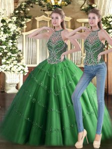 Chic Green Tulle Lace Up High-neck Sleeveless Floor Length Sweet 16 Dresses Beading