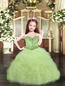 Yellow Green Spaghetti Straps Neckline Beading and Ruffles and Pick Ups Pageant Dress Toddler Sleeveless Lace Up