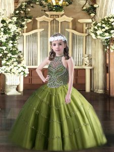 Olive Green Winning Pageant Gowns Party and Quinceanera with Beading Halter Top Sleeveless Lace Up