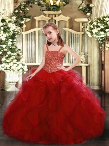 Straps Sleeveless Lace Up Little Girls Pageant Dress Wholesale Red Tulle