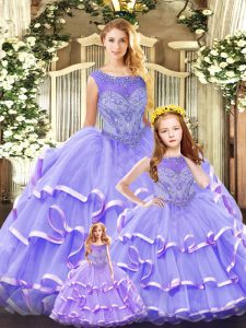 Artistic Lavender Organza Lace Up Scoop Sleeveless Floor Length Sweet 16 Dresses Beading and Ruffled Layers