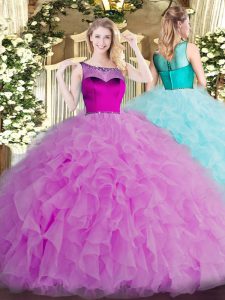 Sleeveless Organza Floor Length Zipper 15 Quinceanera Dress in Lilac with Beading and Ruffles