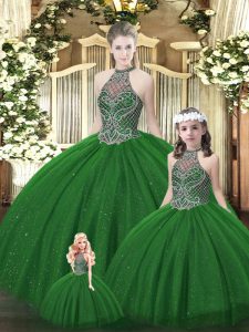 Halter Top Sleeveless Quince Ball Gowns Floor Length Beading Dark Green Tulle