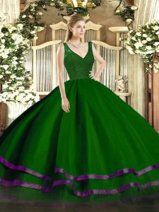 A-line Sweet 16 Quinceanera Dress Green V-neck Tulle Sleeveless Floor Length Zipper