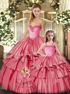 Elegant Watermelon Red Ball Gowns Organza Sweetheart Sleeveless Ruffled Layers Floor Length Lace Up Sweet 16 Dresses
