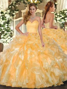 Gorgeous Gold Sweetheart Lace Up Beading and Ruffles 15th Birthday Dress Sleeveless