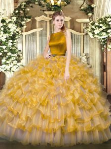 Noble Gold Clasp Handle Ball Gown Prom Dress Ruffled Layers Sleeveless Floor Length