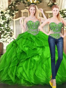 Hot Sale Green Ball Gowns Tulle Sweetheart Sleeveless Beading and Ruffles Floor Length Lace Up Sweet 16 Dresses