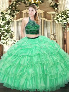 Sophisticated Floor Length Apple Green Quinceanera Dresses Organza Sleeveless Beading and Ruffled Layers