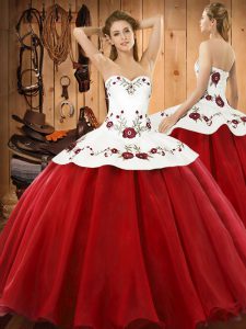 Wine Red Satin and Tulle Lace Up Halter Top Sleeveless Floor Length Vestidos de Quinceanera Embroidery