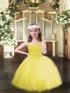 Excellent Yellow Tulle Lace Up Spaghetti Straps Sleeveless Floor Length Little Girls Pageant Dress Wholesale Beading