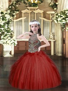 Halter Top Sleeveless Lace Up Little Girl Pageant Gowns Wine Red Tulle