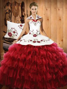 Wine Red 15th Birthday Dress Military Ball and Sweet 16 and Quinceanera with Embroidery and Ruffled Layers Halter Top Sleeveless Lace Up