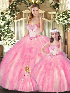 Hot Sale Baby Pink Sleeveless Floor Length Beading and Ruffles Lace Up Quinceanera Gown
