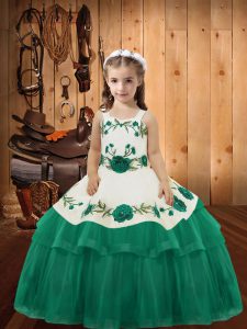 Most Popular Floor Length Lace Up Girls Pageant Dresses Turquoise for Sweet 16 and Quinceanera with Embroidery and Ruffled Layers