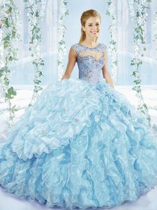 Decent Blue Ball Gowns Beading and Ruffles and Pick Ups Quinceanera Gown Lace Up Organza Sleeveless