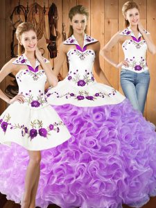 Halter Top Sleeveless Fabric With Rolling Flowers Quinceanera Dresses Embroidery Lace Up