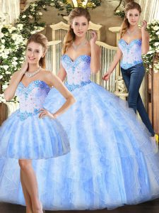 Decent Lavender Three Pieces Beading and Ruffles Quinceanera Gown Lace Up Organza Sleeveless Floor Length