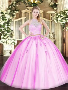 Fuchsia Sweet 16 Dress Military Ball and Sweet 16 and Quinceanera with Lace and Appliques Scoop Sleeveless Zipper