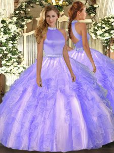Spectacular Ball Gowns 15 Quinceanera Dress Lavender Halter Top Organza Sleeveless Floor Length Backless