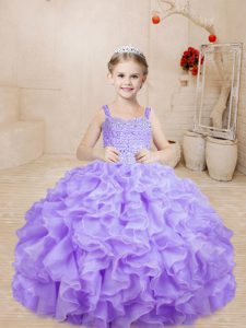 Lavender Straps Neckline Beading and Ruffles Girls Pageant Dresses Sleeveless Lace Up