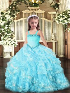 Sleeveless Lace Up Floor Length Appliques and Ruffled Layers Little Girls Pageant Gowns
