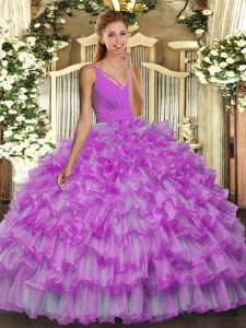 Lilac Backless Quince Ball Gowns Beading and Ruffles Sleeveless Floor Length