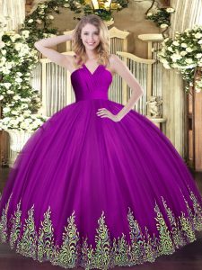 Best Fuchsia Sleeveless Appliques Floor Length Quinceanera Dresses
