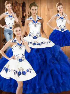 Blue And White Sleeveless Embroidery and Ruffles Floor Length Sweet 16 Dresses