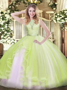 Scoop Sleeveless Quinceanera Dress Floor Length Lace and Ruffles Yellow Green Organza