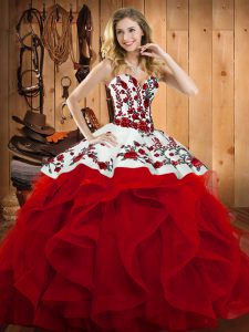 Wine Red Satin and Organza Lace Up Sweetheart Sleeveless Floor Length Sweet 16 Quinceanera Dress Embroidery and Ruffles
