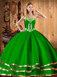 Dark Green Lace Up Sweetheart Embroidery Quince Ball Gowns Organza Sleeveless