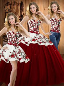 Wine Red Three Pieces Sweetheart Sleeveless Satin and Tulle Floor Length Lace Up Embroidery Quinceanera Gowns