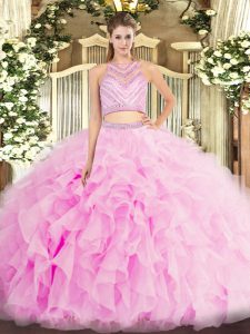 Sophisticated Floor Length Lilac Sweet 16 Dresses Tulle Sleeveless Beading and Ruffles
